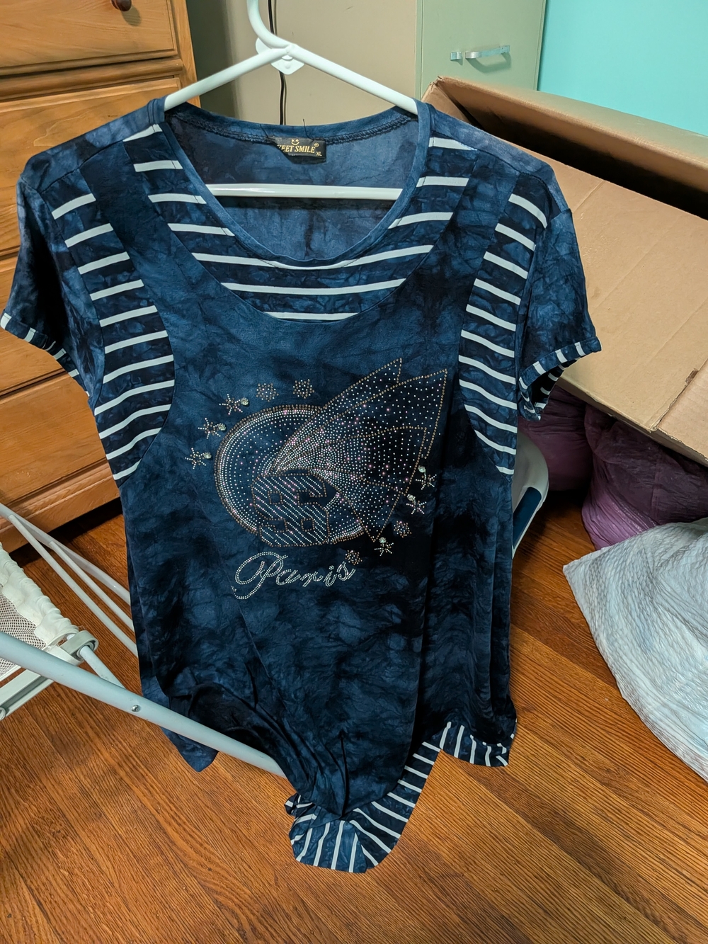 Asymmetrical Navy Blue Striped Short Sleeve Dress with Decorative Rhinestones